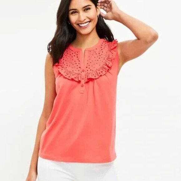 NEW LOFT Red‎ Eyelet Ruffle Mixed Media Tank Top Blouse Womens Size XL - Picture 1 of 5